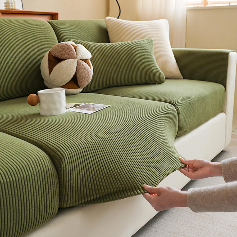 Vertical Stripe Corduroy Anti-Scratch Stretch Full-Cover Sectional Couch Cover