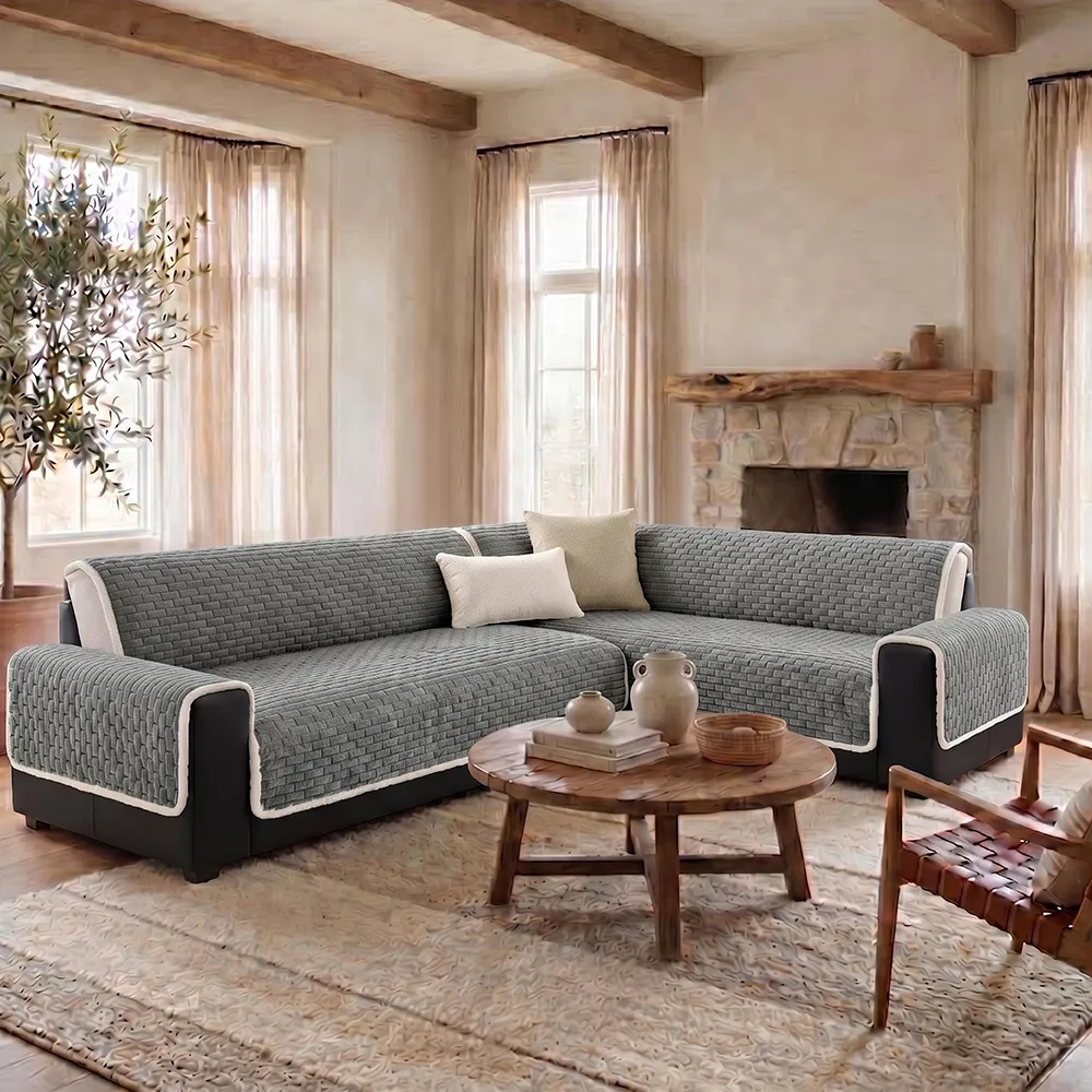 One-Piece Plush Scratch-Resistant Large Sectional Couch Covers with Elastic Straps
