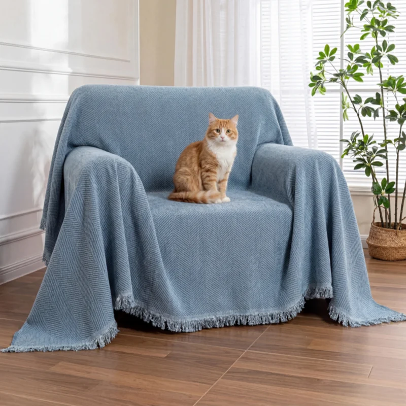 Chenille Blanket Herringbone Tassel Armchair Cover