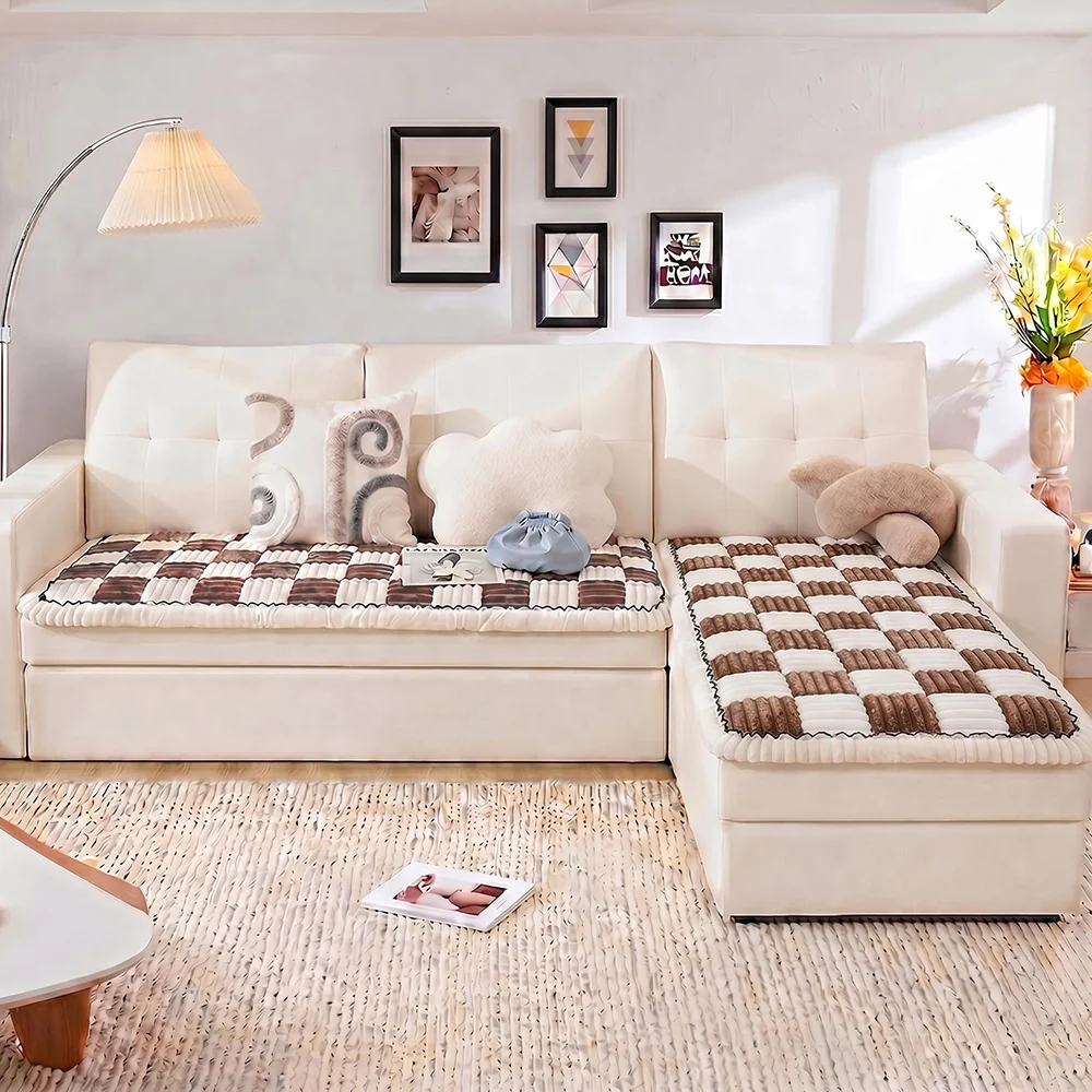 Cream-colored Large Plaid Square Fuzzy Pet Dog Mat Bed Sectional Couch Cover