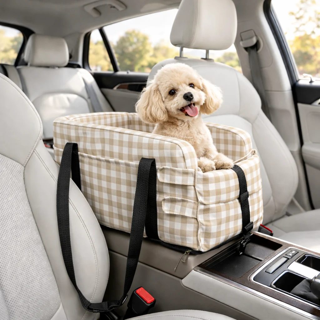 Stylish Plaid Portable Travel Dog Car Safety Seat Central Console - Image 9