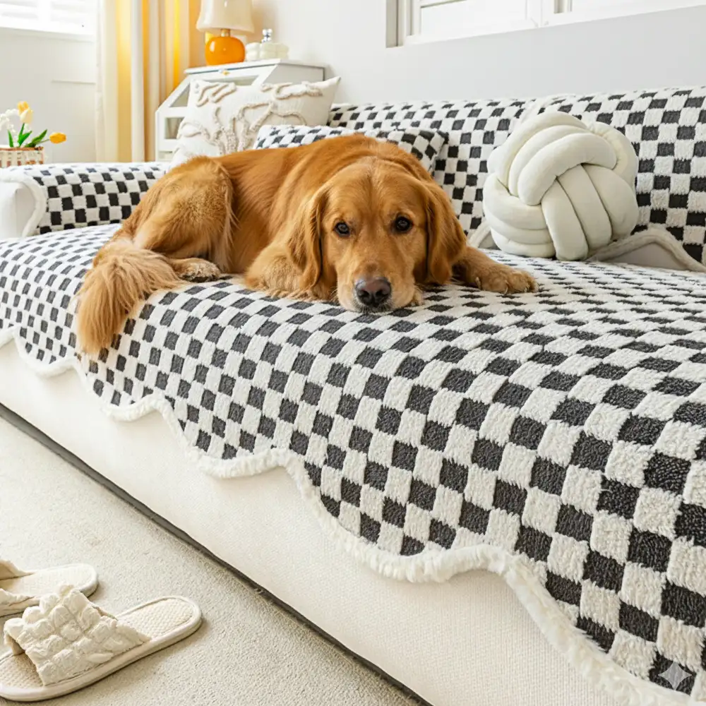 Classic Checkerboard Plush Comfortable Scratch-Resistant Non-Slip Couch Cover