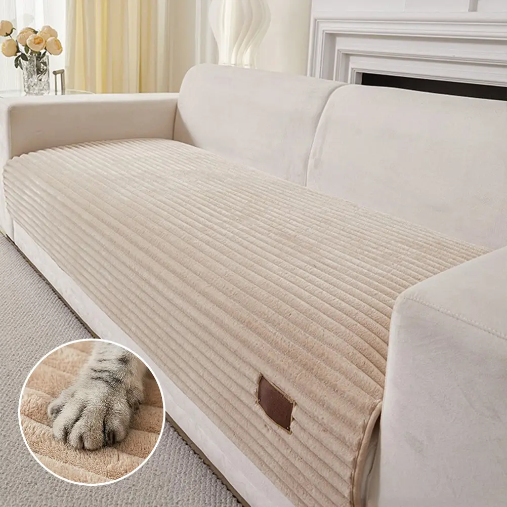 Furry Striped Sofa Protection Non-Slip Plush Recliner Couch Cover Sectional Couch Cover - Solid